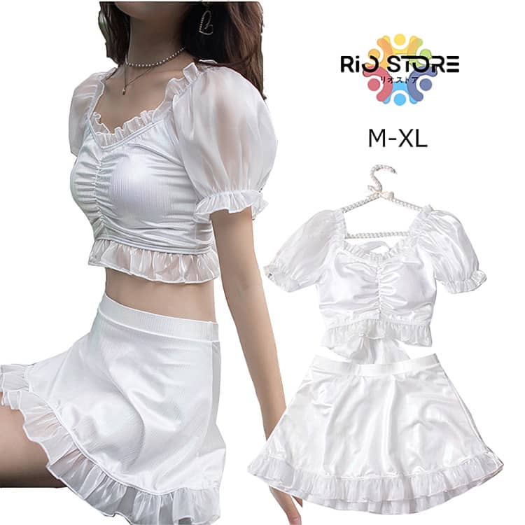 韓国 水着 体型カバー タンキニ 可愛い レディース 水着 露出控えめ 学生 10代 20代 30代 水着 セパレート 半袖 2点セット 水着 タンキニ スカート 韓国 小胸 水着 めくれ防止 パッ