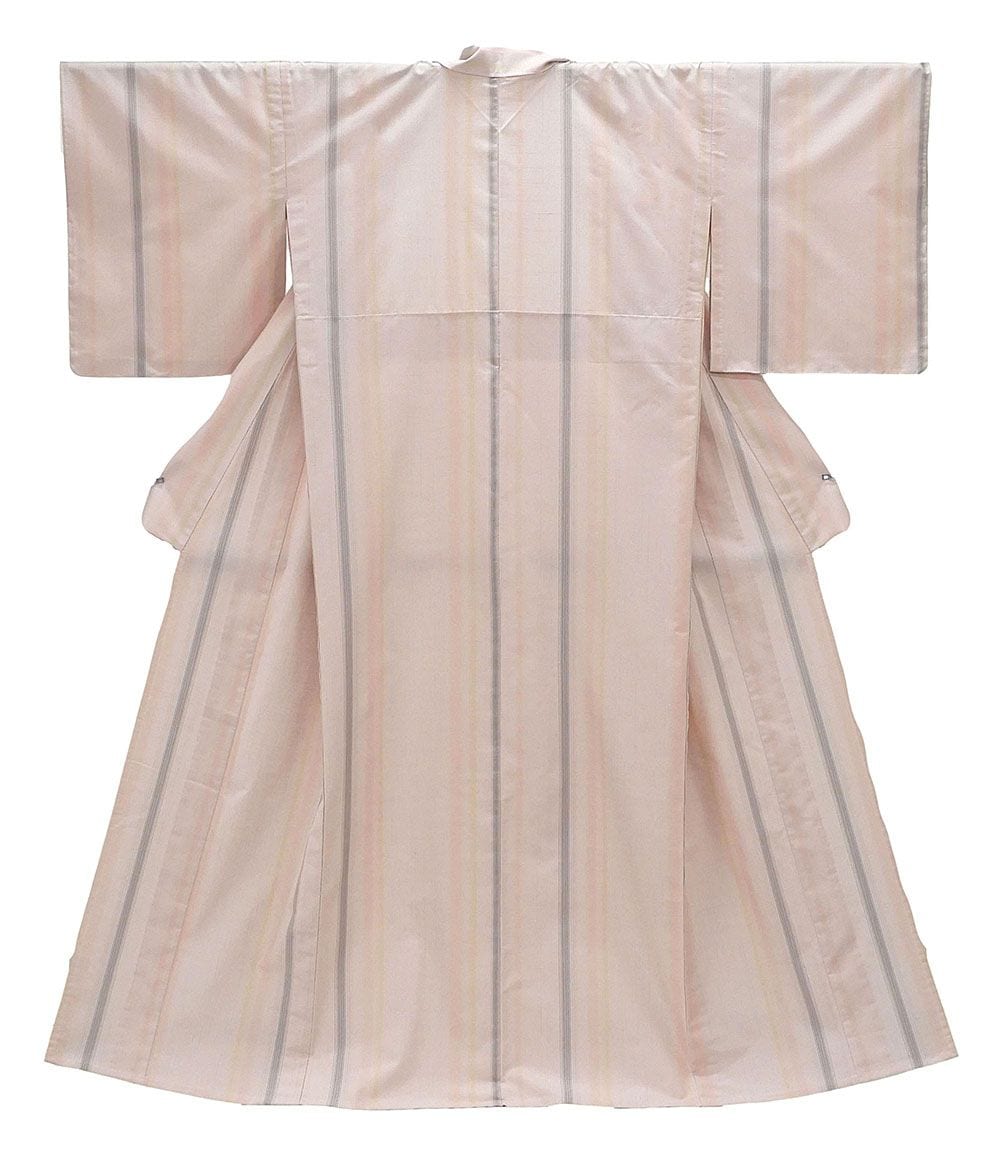 単衣 紬 新品仕立済 正絹 単衣 紅逢々 縦縞模様 身丈164.5cm 裄丈68cm 長井紬 新品 仕立て上がり 着物 wd1026