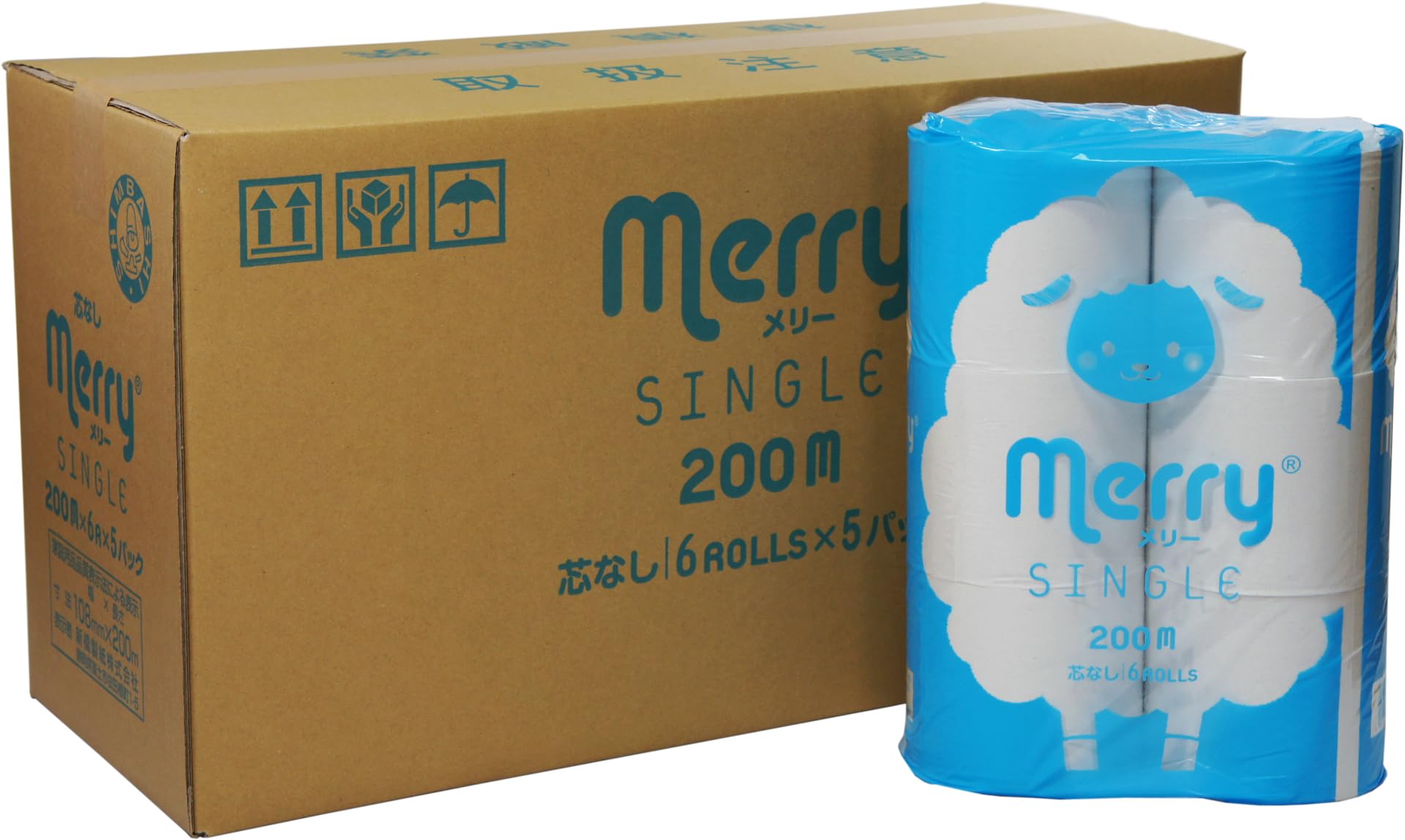 MERRY(メリー) 新橋製紙 トイレットペーパー シングル 芯なし長さ4倍巻 200ｍ 6ロール×5パック