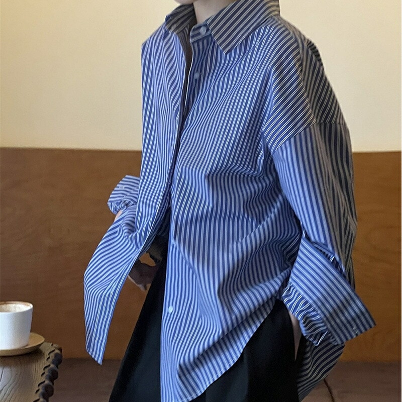 レディース シャツ 長袖 ストライプ柄 フレンチ風 レトロ 小洒落感 ゆったりシルエット デザインシャツ 春夏 新作 大きめサイズ