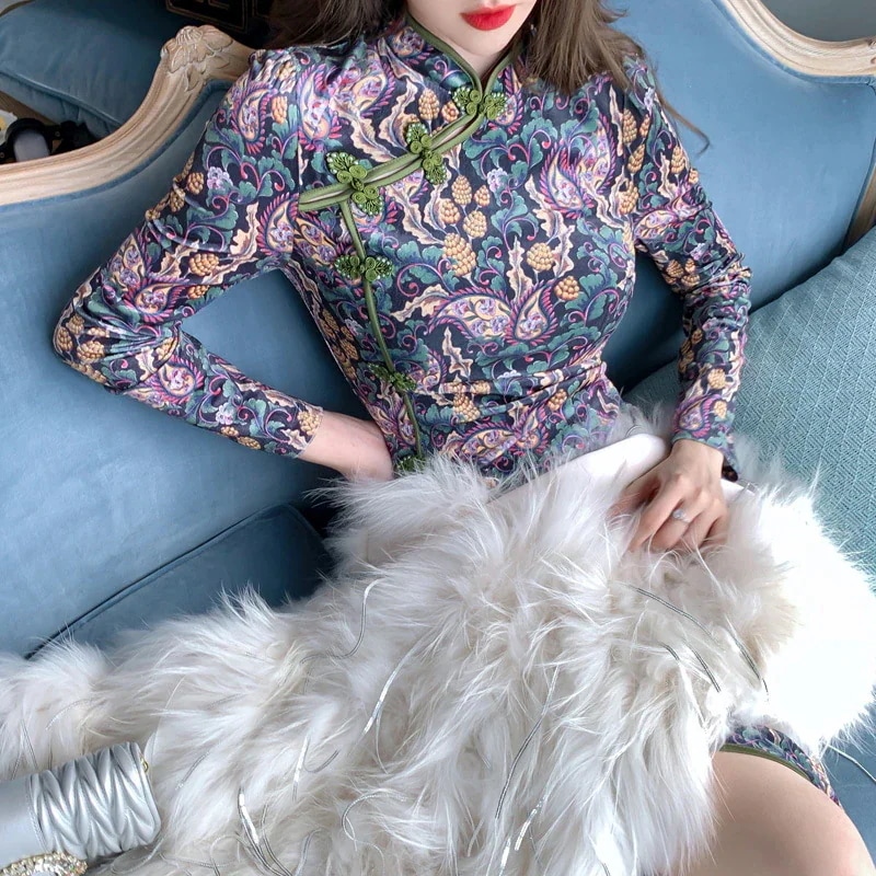 2024秋レトロナショナルトレンドプリントエレガント改良チャイナドレススカートエレガントヒップカバーキャットウォークロングドレス4622 5,520円