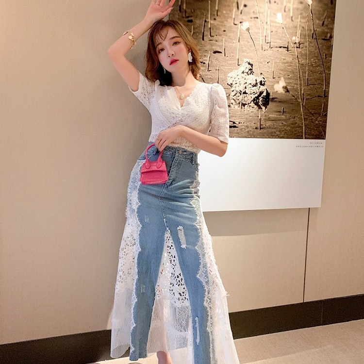 MIUCO デニム レース スカート ロングスカート デニムスカート マーメイド 切替