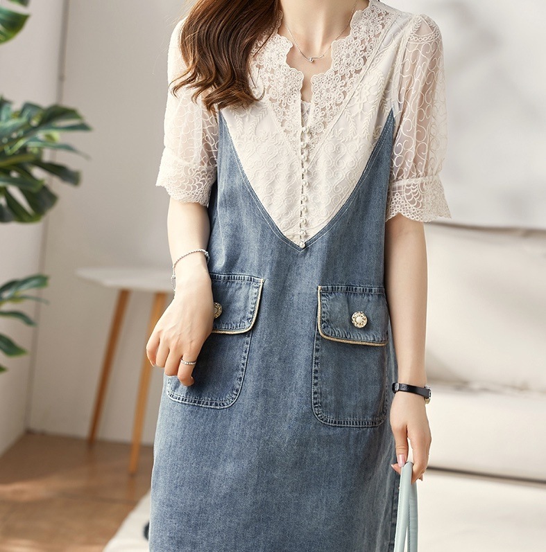 ワンピース デニムワンピース ミニ ミニ丈 ショート ショート丈 袖あり 5分袖 五分袖 Vネック レース 刺繍 フリル 切り替えデザイン ドッキング デニム ブルーデニム かわいい 大人可愛い