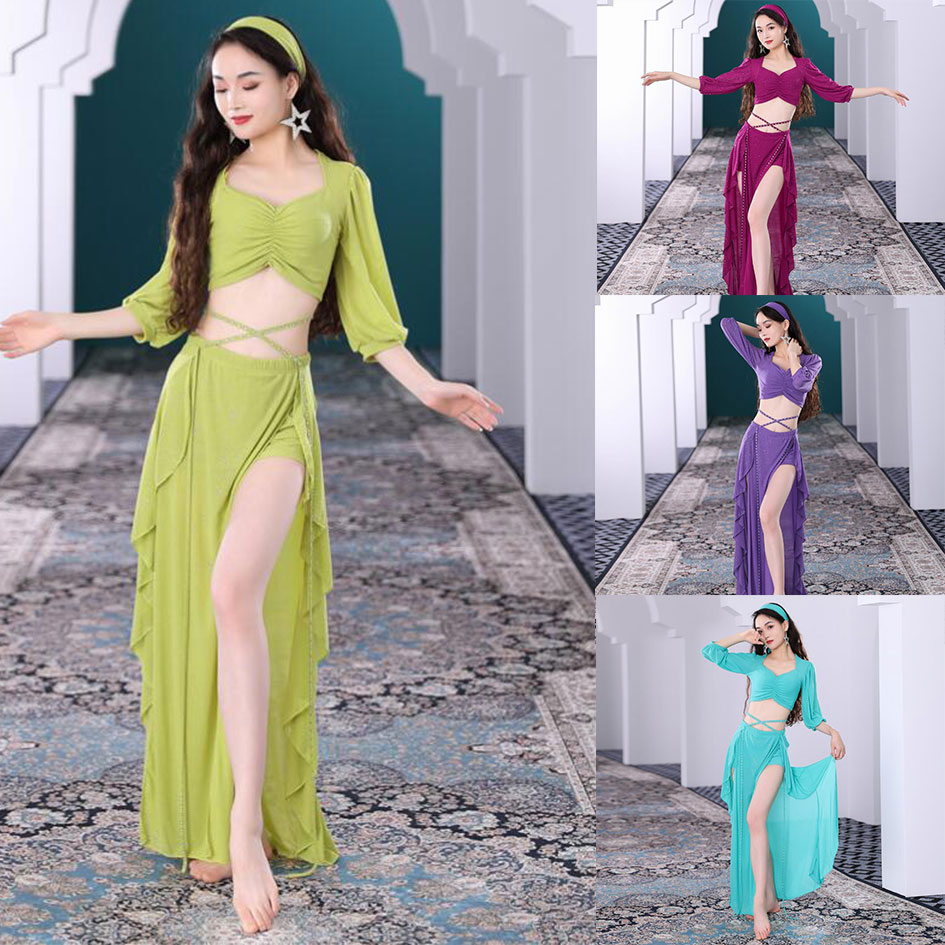 ベリーダンス衣装セット ベリーダンスウェア 七分袖 セクシーダンストップス へそ出しトップス ロングスカート ステージ衣装 ダンスレッスン着 練習着 団体服 コンクール ヘアバンド付き 舞台衣装 余興