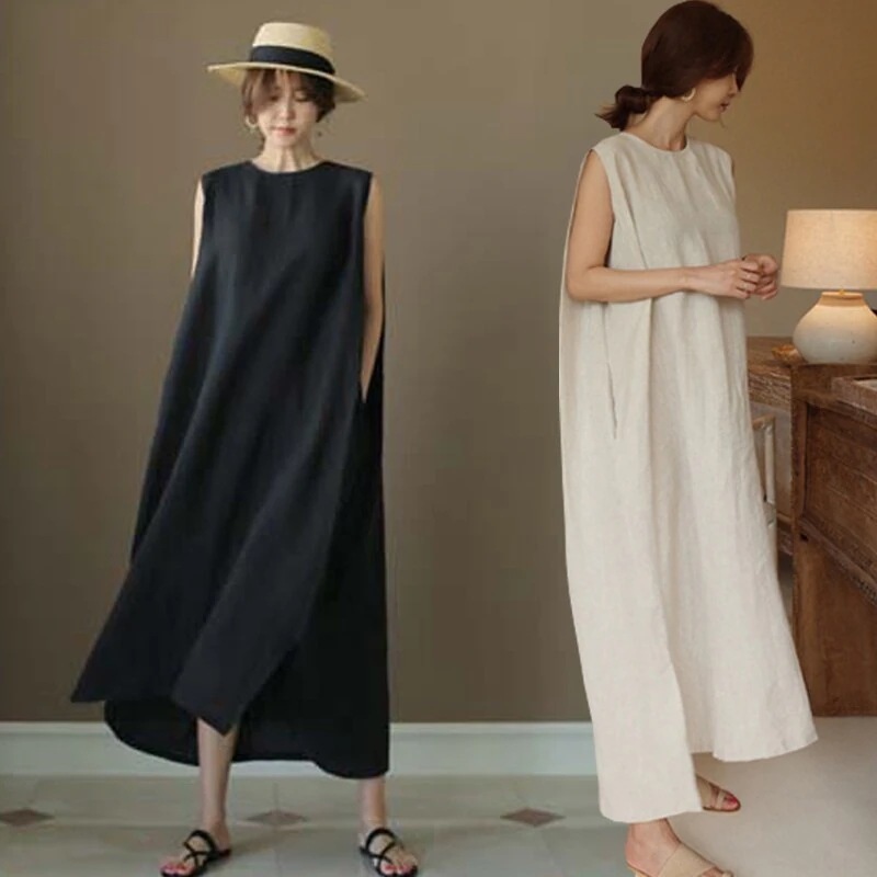 ワンピース ロング丈 マキシ丈 ノースリーブ レディースファッション ゆったり フレア シンプル ワンサイズ ラウンドネック ブラック ホワイト 春 夏 リゾート 女子会 デート きれいめ 上品