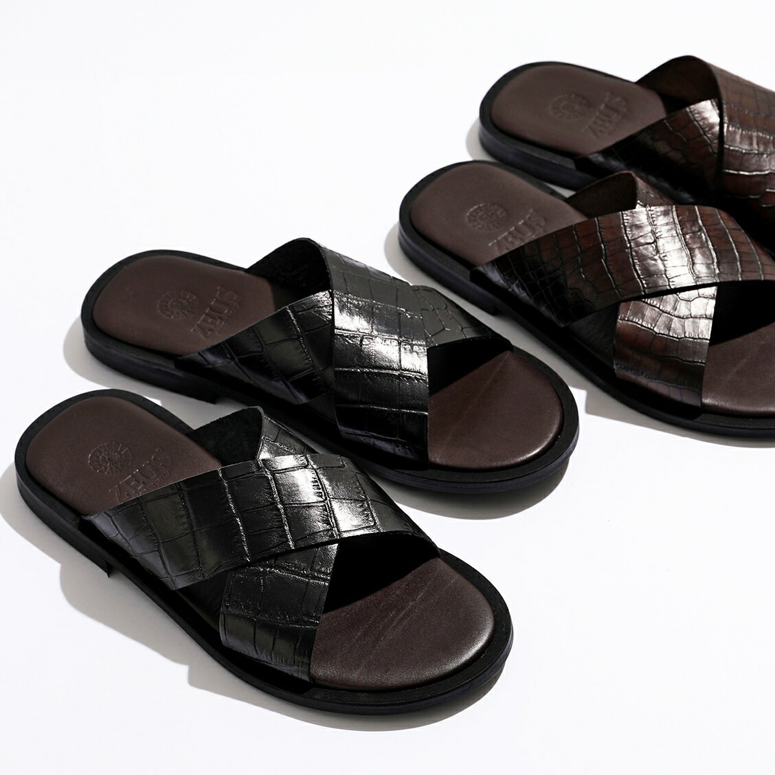 ZEUS ゼウス サンダル 22215 メンズ クロスベルト コンフォート スライドサンダル クロコダイル 型押し レザー シューズ 靴 カラー2色