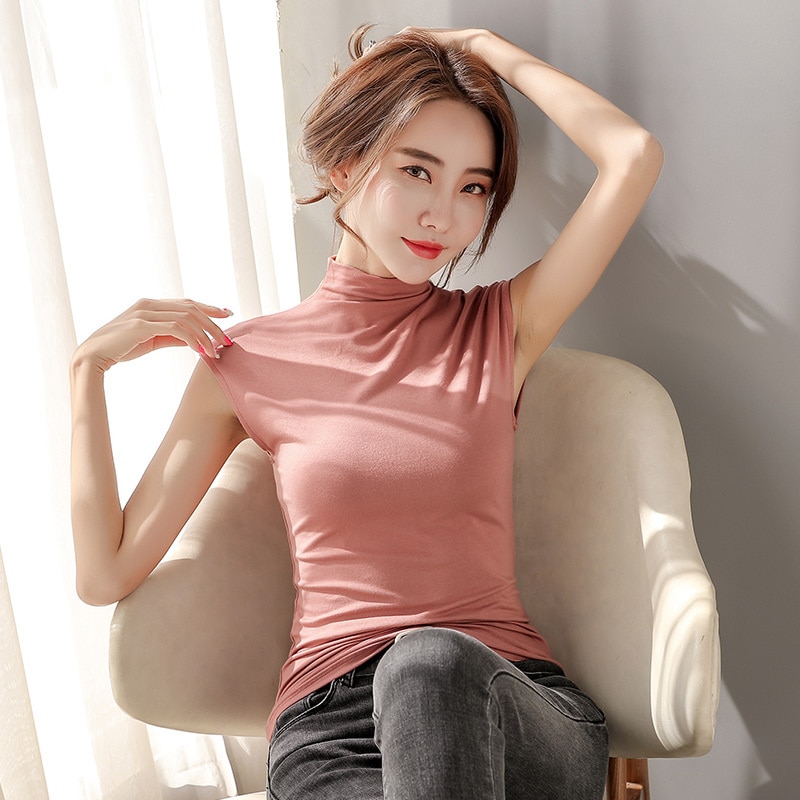 ハーフネックタンクトップ ホワイト ピンク グレー ブルー トップス スリム 細身 ストレート