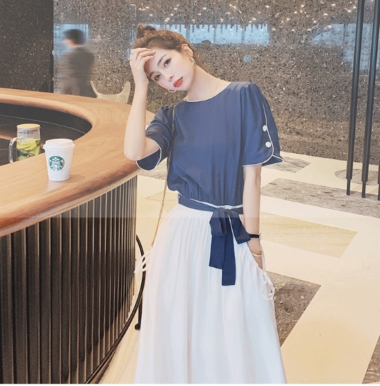 優しい雰囲気のワンピースドレス ワンピース 二次会ドレス ステージドレス Aラインドレス カジュアルドレス マキシ丈 半袖 ラウンドネック シフォン リボン ウエストリボン 切り替えデザイン