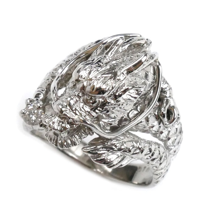 Pt900プラチナ 龍 ドラゴン リング・指輪 ダイヤモンド0.10ct 18.5号 18.5g メンズ 中古