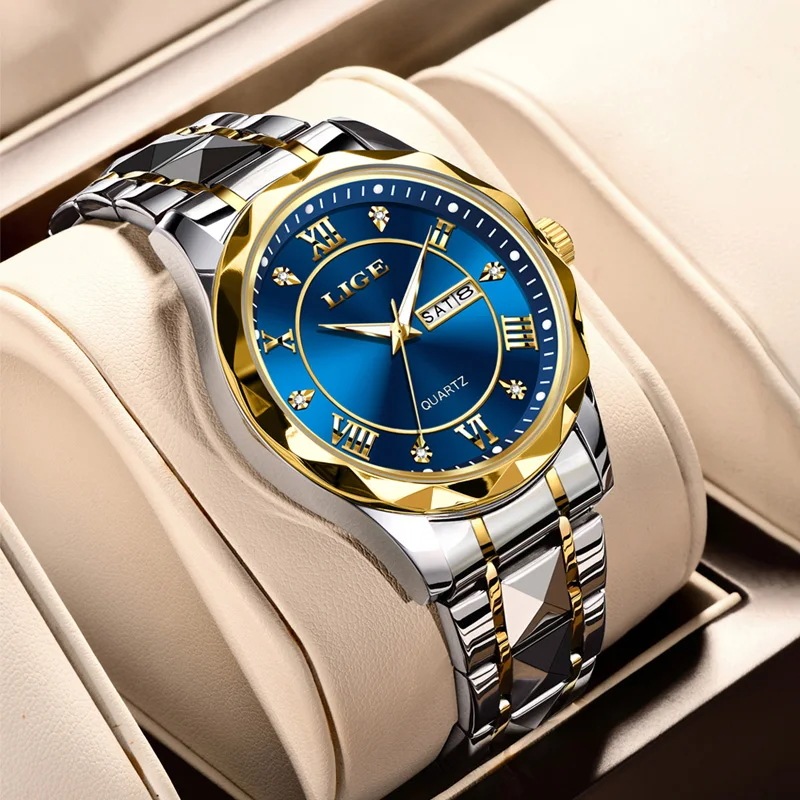 Lige-男性用高級クォーツ時計,防水,発光,週の日付,ステンレス鋼,ビジネス腕時計,男性用時計,ボックス