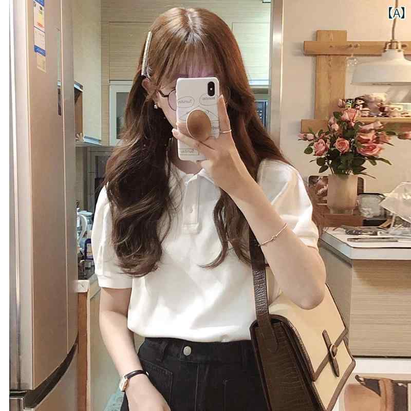 ポロシャツ レディース 半袖 Tシャツ 夏 綿 カジュアル おしゃれ かわいい トップス 薄手 ホワイト