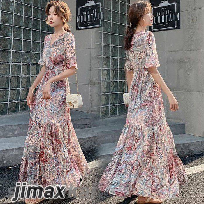 ワンピース レディース 40代 夏 キレイめ マキシ丈ワンピース 半袖 シフォンワンピ Vネック ロング丈 花柄フレアスカート ゆったり 上品 オシャレ通勤 着痩せ