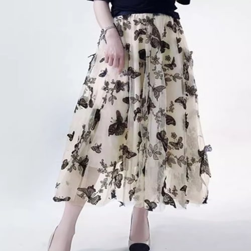 スカート レディース フェミニン ウエストゴム 透け感 シースルー フレア 膝下 ミディ丈 ワイド フレア Aライン 薄手 大人可愛い きれいめ 上品 おしゃれ こなれ感 ラフ ガーリー 個性的