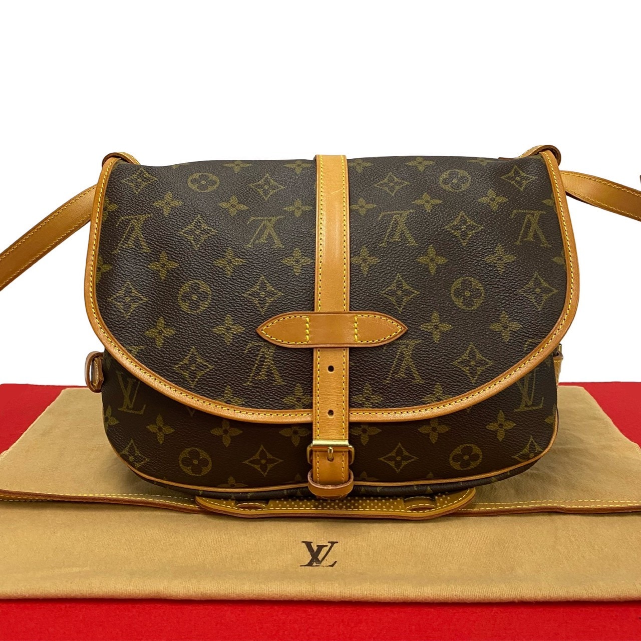 ヴィンテージ ソミュール30 モノグラムショルダーバッグ レザー PVC ブラウン 27379