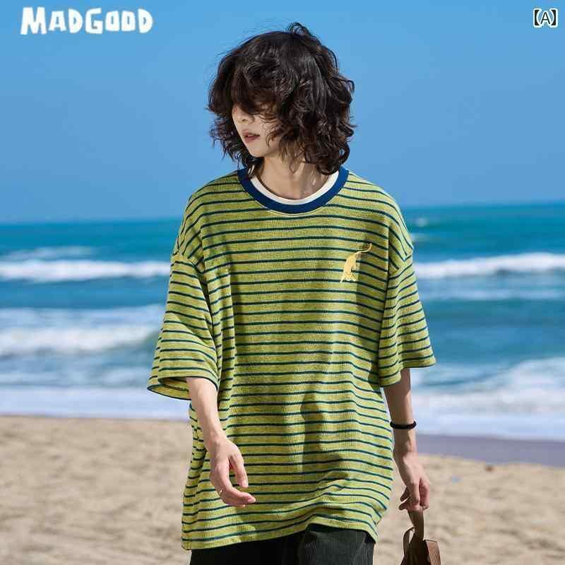 Tシャツ　レディース　かわいい Madgood 和風 コントラスト ストライプ ニット 柄 子猫 通気性 半袖 Tシャツ カップル