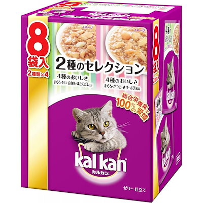 他サイト： マース カルカン パウチ 2種セレクション 4種のおいしさ まぐろ/たい/白身魚/ほたてだし入り 4種のおいしさ まぐろ/かつお/さけ/えび風味 70gx8袋パック 猫用フードの商品画像