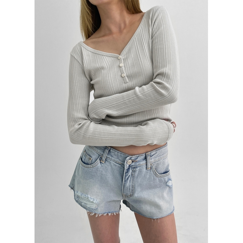 ブラックアップ Netsua V ネックボタンリブ編みロングスリーブ T シャツ