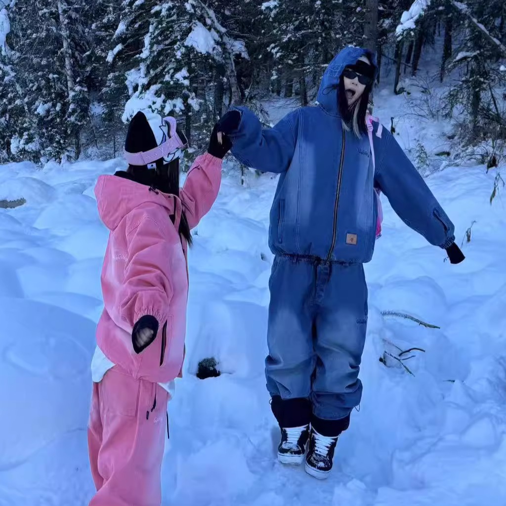 スノボウェア 2色 2025 2026 上下セット ジャケット パンツ デニム おしゃれ 防水 防風 防雪 保温 韓国風 メンズ レディース スノーボードウェア スノーウェア スキーウェア 青 ピンク