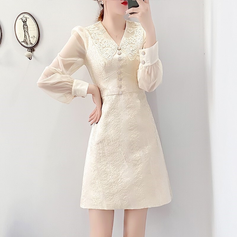 ワンピース レースカラー パフスリーブ Aライン ショート 長袖 フレンチレース ドレス レディース