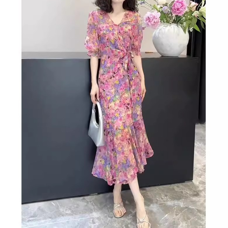 11 紫色の花柄のドレスティーブレイクハイエンドの雰囲気と超良い気質のあるフレンチナシ型のボディシフォンロングスカート夏