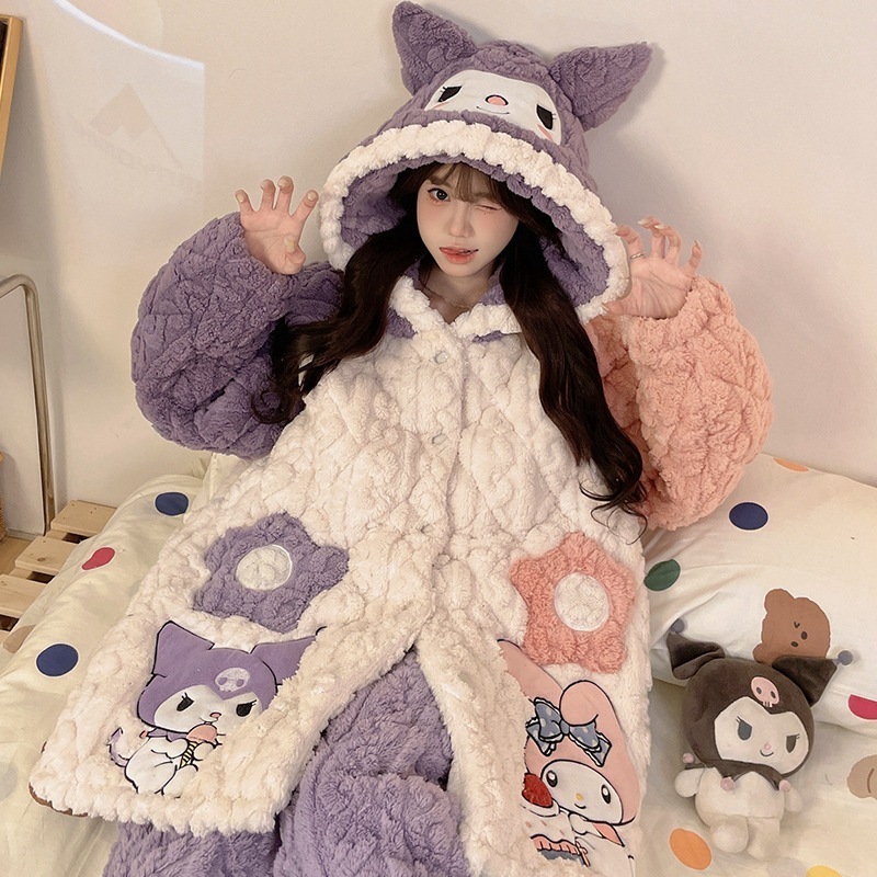 パジャマの女秋冬厚手の保温と可愛いの家集服の連体冬のアニメコーラルの: Amazon | [Gfuracefuliayer] パジャマ レディース 長袖 秋 冬