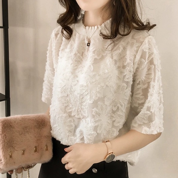 トップス シャツ ブラウス 袖付き 5分袖 襟なし ラウンドネック シースルー 透け感 かわいい 大人可愛い きれいめ シンプル 大人 上品 おしゃれ かっこいい 大人女子 レトロ こなれ感