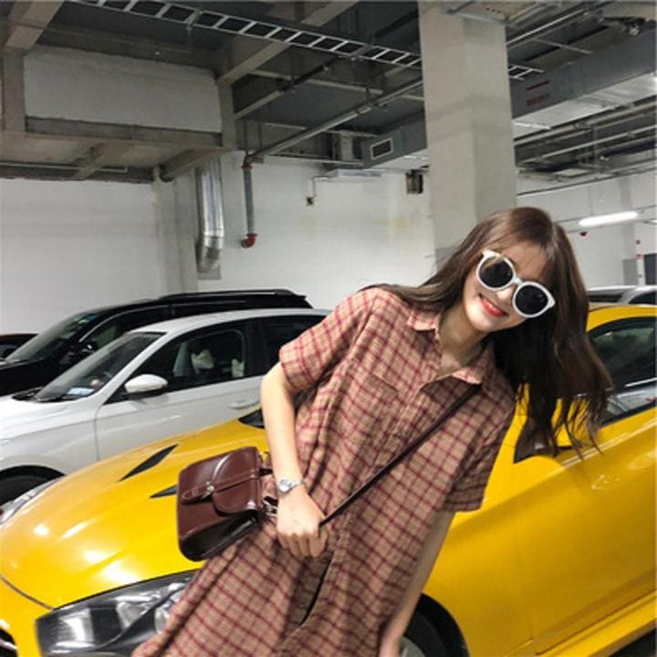 ワンピース コットン ミニ丈 ポロカラー 半袖 シャツスリーブグレンチェック ゆったり ルーズ きれいめ 夏 レトロ 大きいサイズ LOP-0295