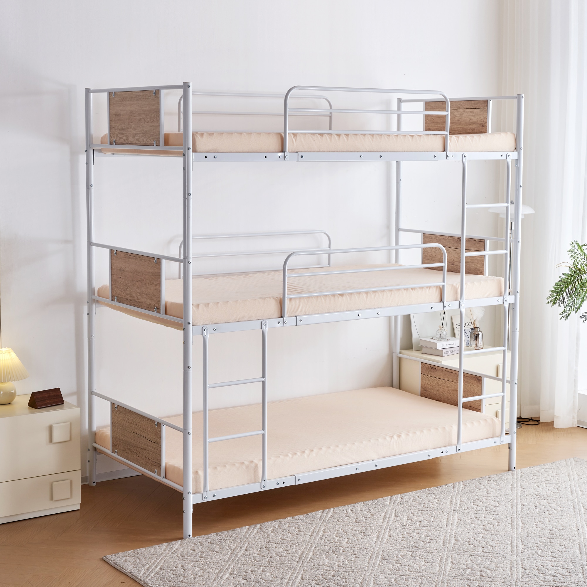 104【新作】【ホワイト】三段ベッド パイプベッド　分離可能 スチールベッド　子供部屋スチール 　耐震114