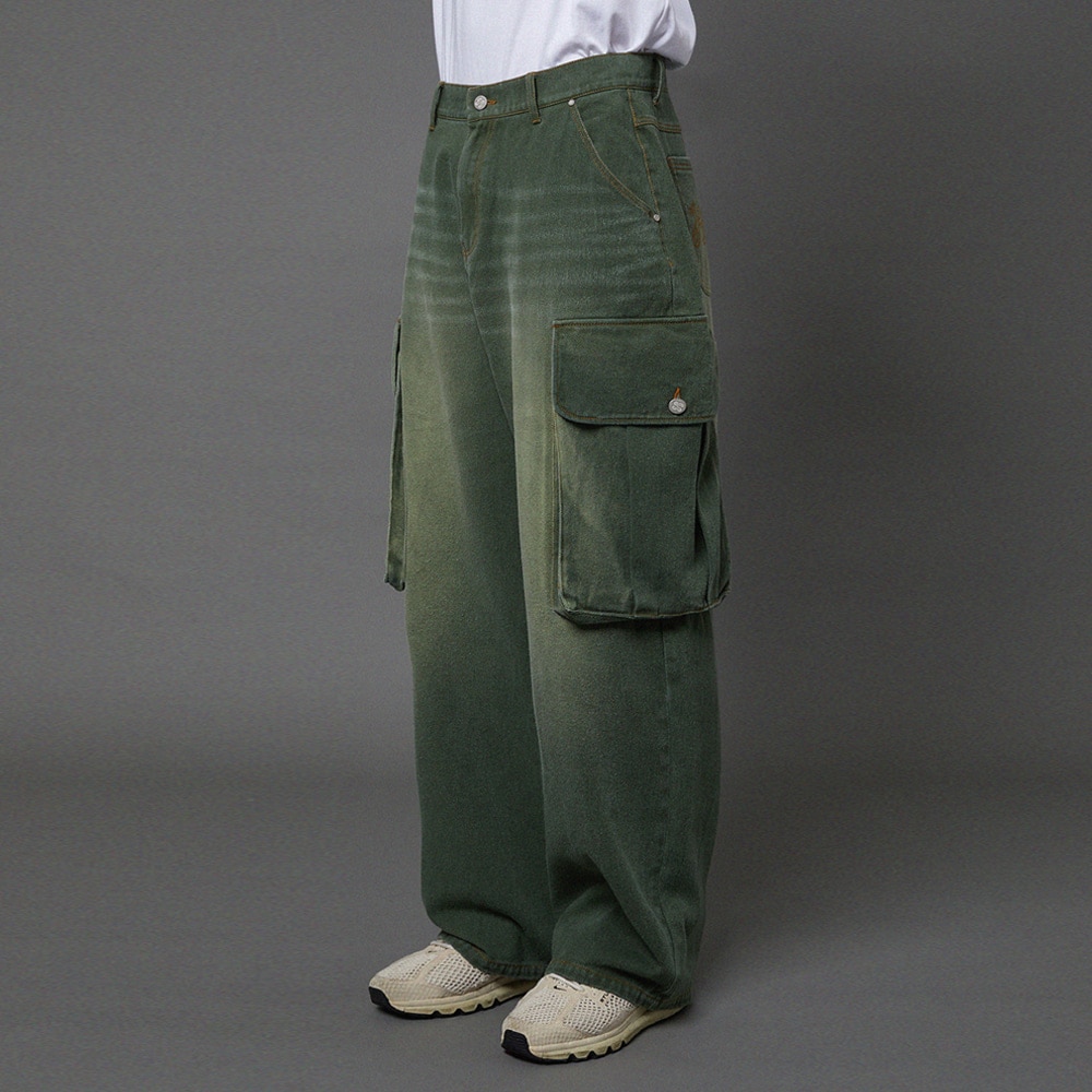 Big pocket washed cargo denim pants KHAKI