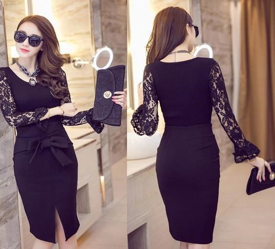 3135.大きいサイズあり 膝丈ハイウエストリボンタイトスカート（ブラック）2019 春夏 おでかけ パーティー 食事会 お呼ばれ