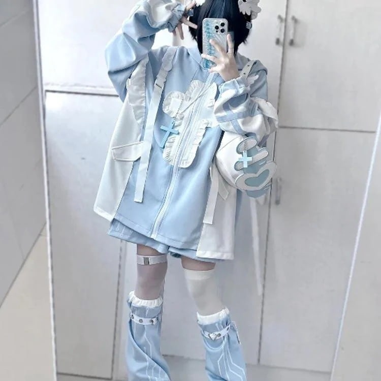 地雷系 ブルゾン メンズ フリルジャケット 大きいサイズ 天使界隈 ハーフパンツ 3点セット 系 水色 ジャージ 病み系 天使 レッグウォーマー