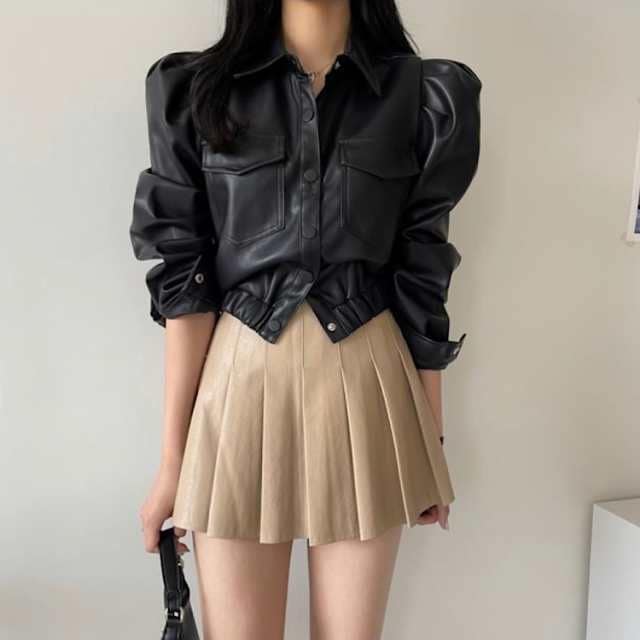 【短納期】 アウター レディース ジャケット レザージャケット ライダースジャケット フェイクレザー レザー PU ショート丈 長袖 パフスリーブ 襟付