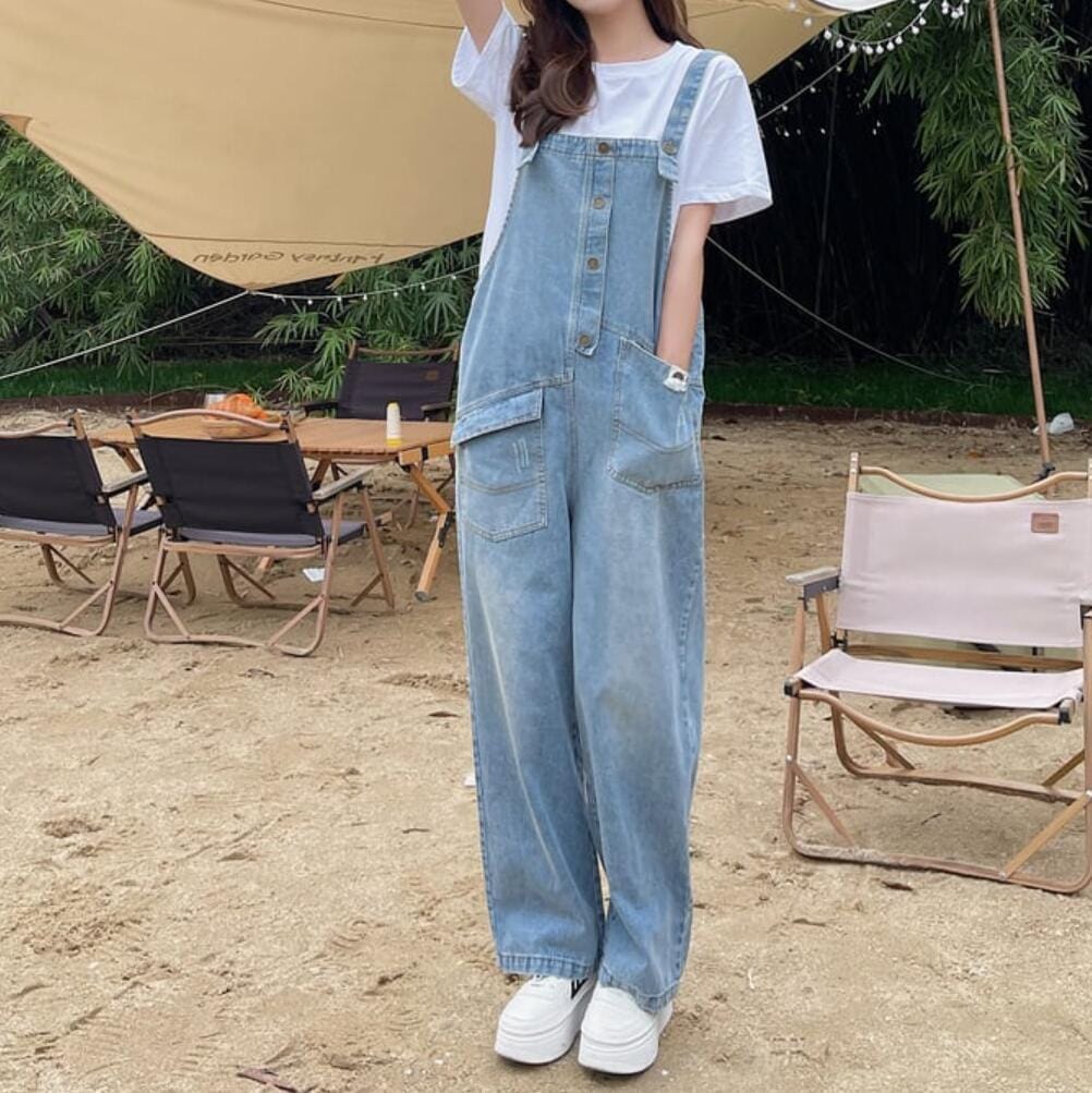 2024 春 夏 秋 水色 ジーンズ バックパンツ パンツ 薄手 ルーズ ストレート ワイドパンツ デザイン ポケットルーズデニムサロペット