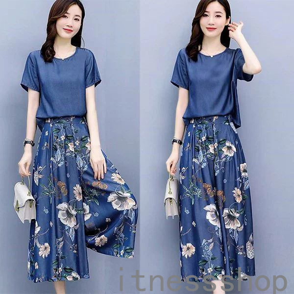 新生活 母の日 プレゼント セットアップ レディース 春 夏 半袖 20代 30代 40代 ブラウス デニム ワイドパンツ 上下セット きれいめ 花柄 カジュアル オシャレ 2点セット 通勤 着痩せ