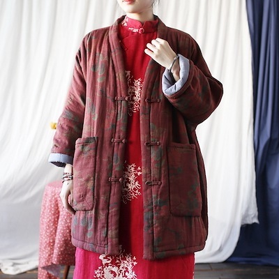 オリジナルレトロでゆったりとした民族風冬プリント中長期綿入れ厚Vネック綿入れ