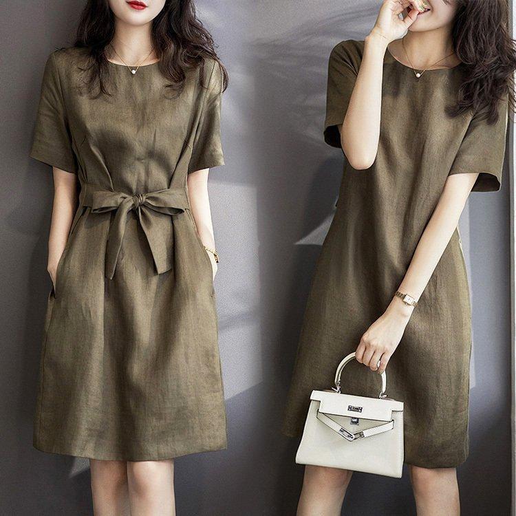 ワンピース レディース 40代 きれいめ 膝丈ワンピース 春夏新作 半袖ワンピース 無地 リネンスカートオシャレ韓国風 大人 上品カジュアル ゆったり 30代