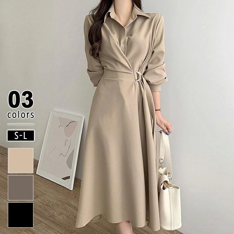 【値下げ！】今日限りで シャツワンピース きれいめ ワンピース レディース ロングワンピース 長袖 シャツワンピ 襟付き ロング aライン 大人 きちんと フォーマル 体型カバー フレア 変 3日以内