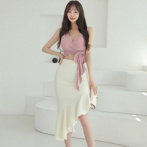 キャバドレス ナイトドレス ミディアムドレス カシュクール ノースリーブ ワンピース ウエストマーク アシンメトリー 肌魅せ リボン レディース グラシア