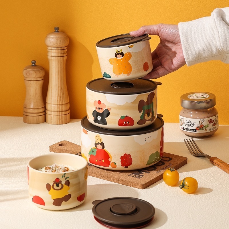 食品保存ボウル蓋付き密閉セラミックランチボックス電子レンジ対応かわいいフルーツボウルZhao Zhiqian