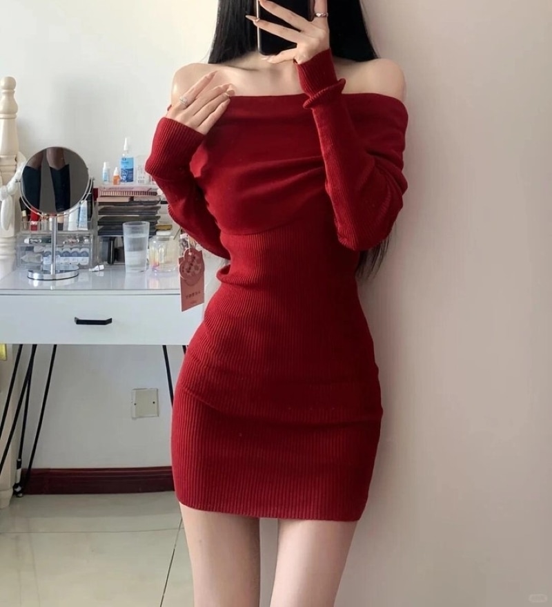 ワンピース オフショルダー ニットワンピース ミニワンピース リブニット ニット 長袖 シンプル 大人 お洒落 クール セクシー 春 秋 冬 デート お出かけ 休日 旅行 普段使い プレゼント 定番