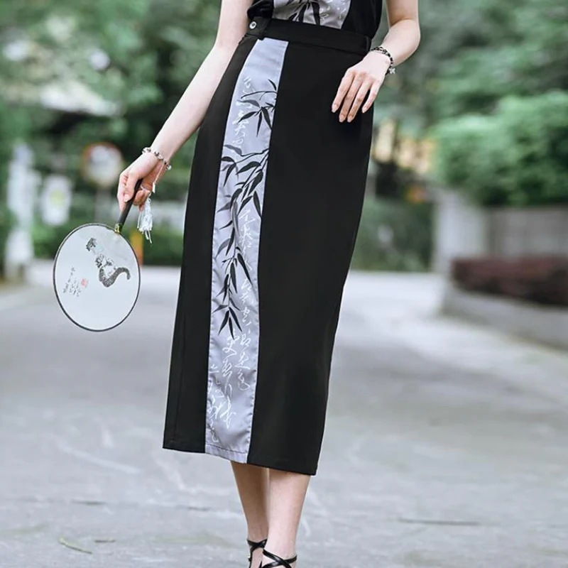 【快速出荷】チャイナ風 スカート 黒 切り替えスカート 竹柄 スリット ハイウエスト ボトムス 中華風 合わせやすい 着瘦せ