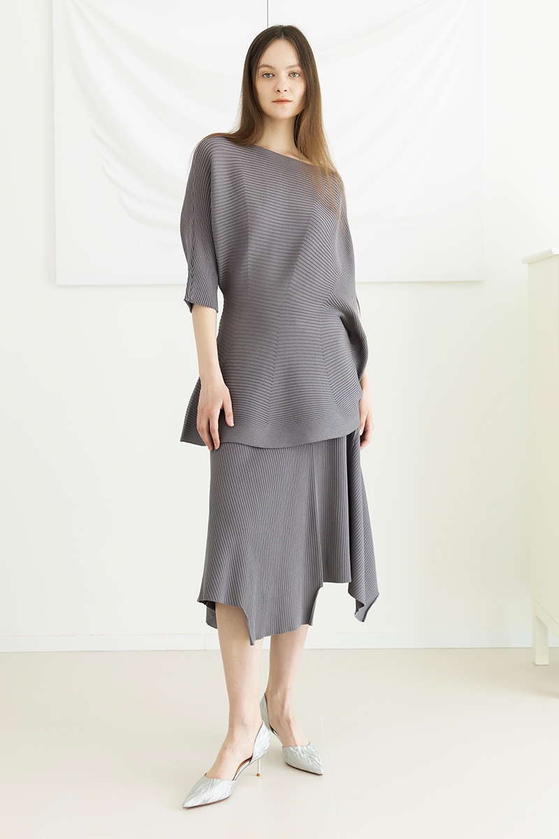 【READ_ME】リブ編みアシンメトリースカートグレー柔らかレーヨン混通勤・セットアップ対応可B90219247 9,880円