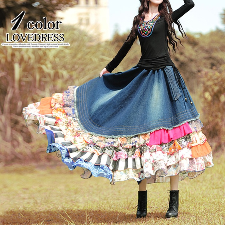 レディース スカート デニムスカート ロングスカート フリル デニム シフォンフリル 花柄 フリルスカート ロング アシンメトリー 春 夏