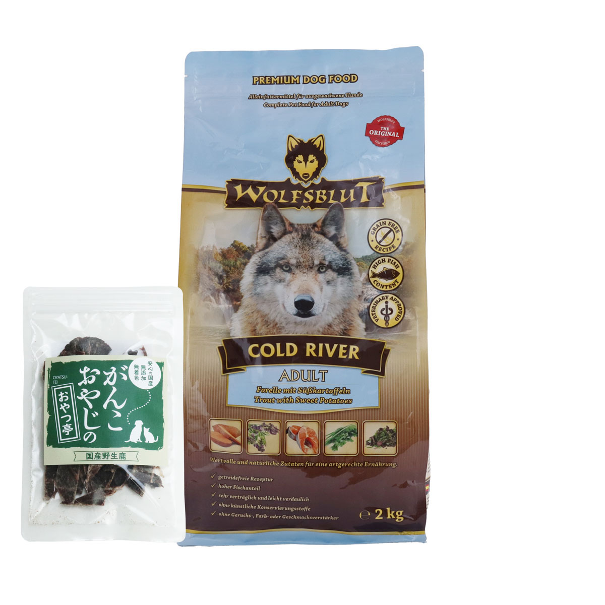ウルフブラット アダルト コールドリバー（マスとスイートポテト）2kg 【国産鹿肉ジャーキー(お試しサイズ)】