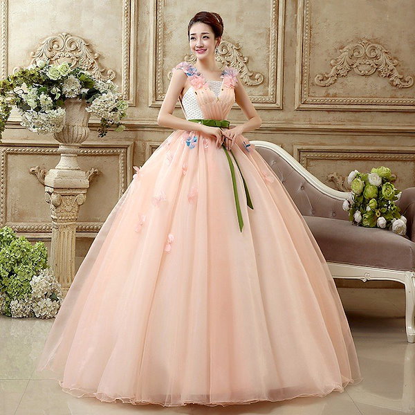 カラードレス ウェディングドレス 演奏会用ロングドレス ペールオレンジ Aライン 大きいサイズ 小さいサイズ ステージ衣装 ピンク