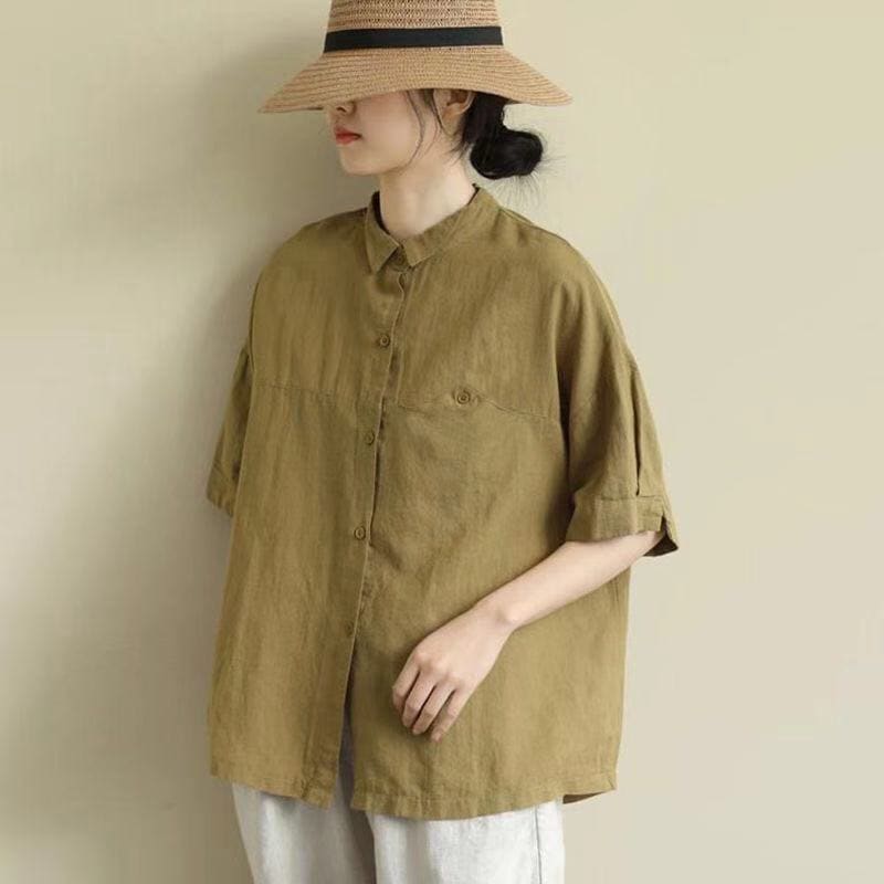 【1つ買うと10つ無料】コットンとンシャツの短袖の夏の夏のレトロな文学ラミーカーディガンスリムでエレガントなンシャツ