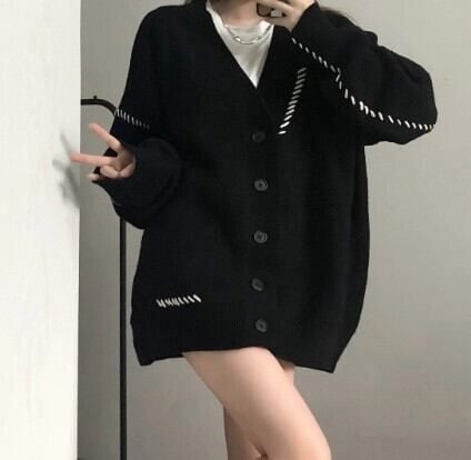 ニット カーディガン シンプル トップス セーター ブラック 黒 韓流 韓国 流行 人気 防寒