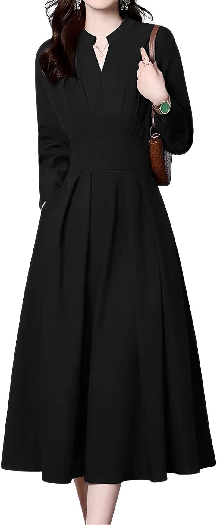 vネック ワンピース ロング 長袖 レディース 春ワンピース 入学式 オフィスカジュアル パーティードレス タイトワンピース(ブラック, M)