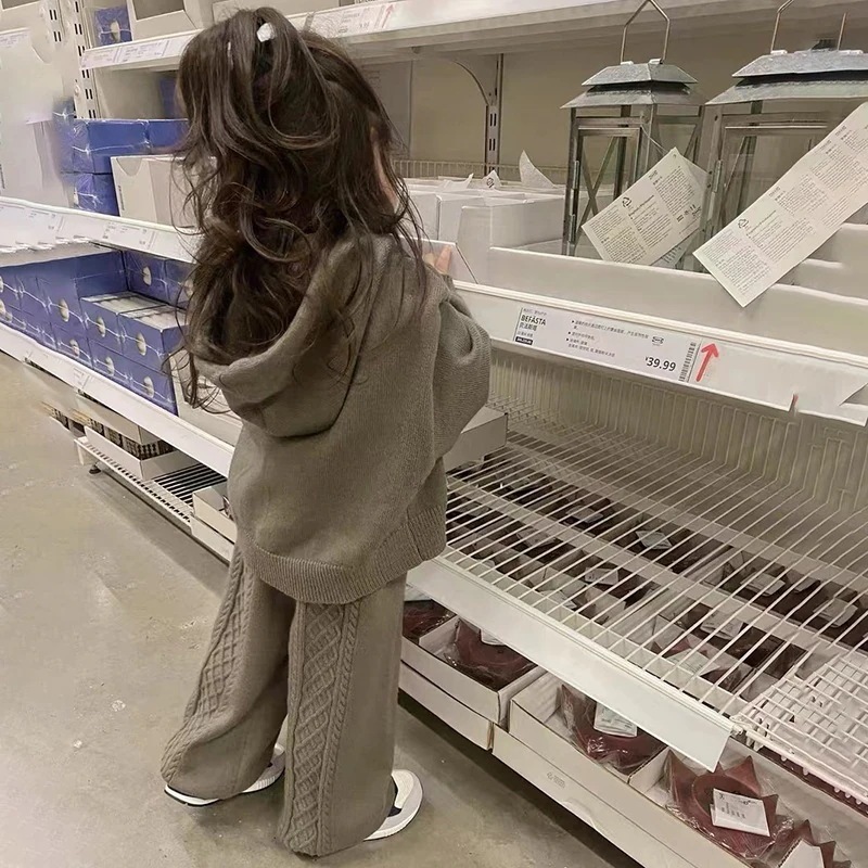 ガールズスーツガールズカジュアルセータースーツ子供用多用途フード付きニットジャケットツーピース韓国語版