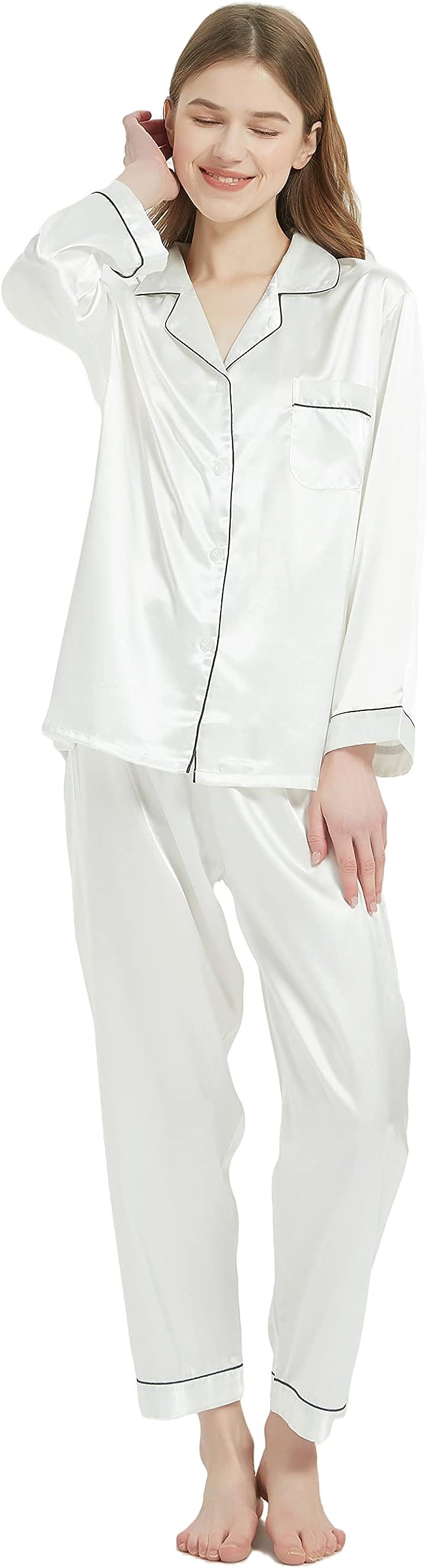 レディース パジャマ 上下セット ルームウェア 部屋着 長袖 前開き( ホワイト, XL)